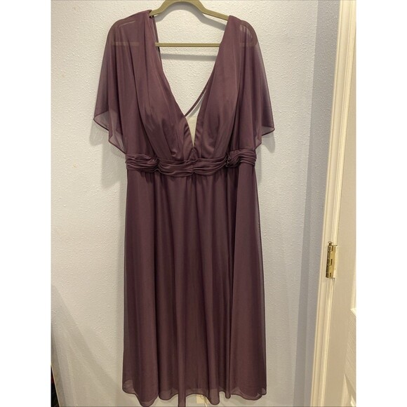 Azazie Bridesmaid Dress V-neck‎ Flutter Sleeves No Slit Deep Purple Size 24 GUC - Picture 1 of 12